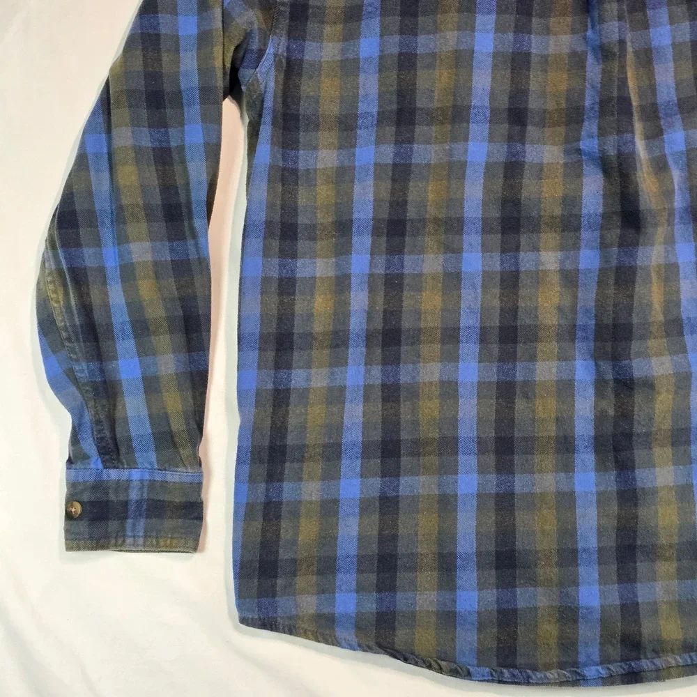 Smiths Workwear Mens Large‎ Flannel Shirt Blue Olive Green Plaid Long Sleeve L